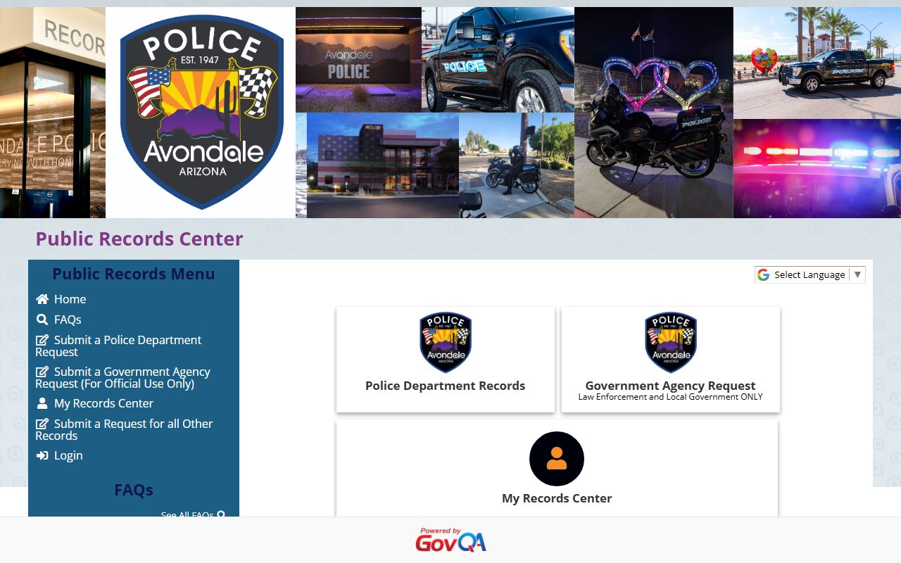 Avondale Police GovQA records request portal