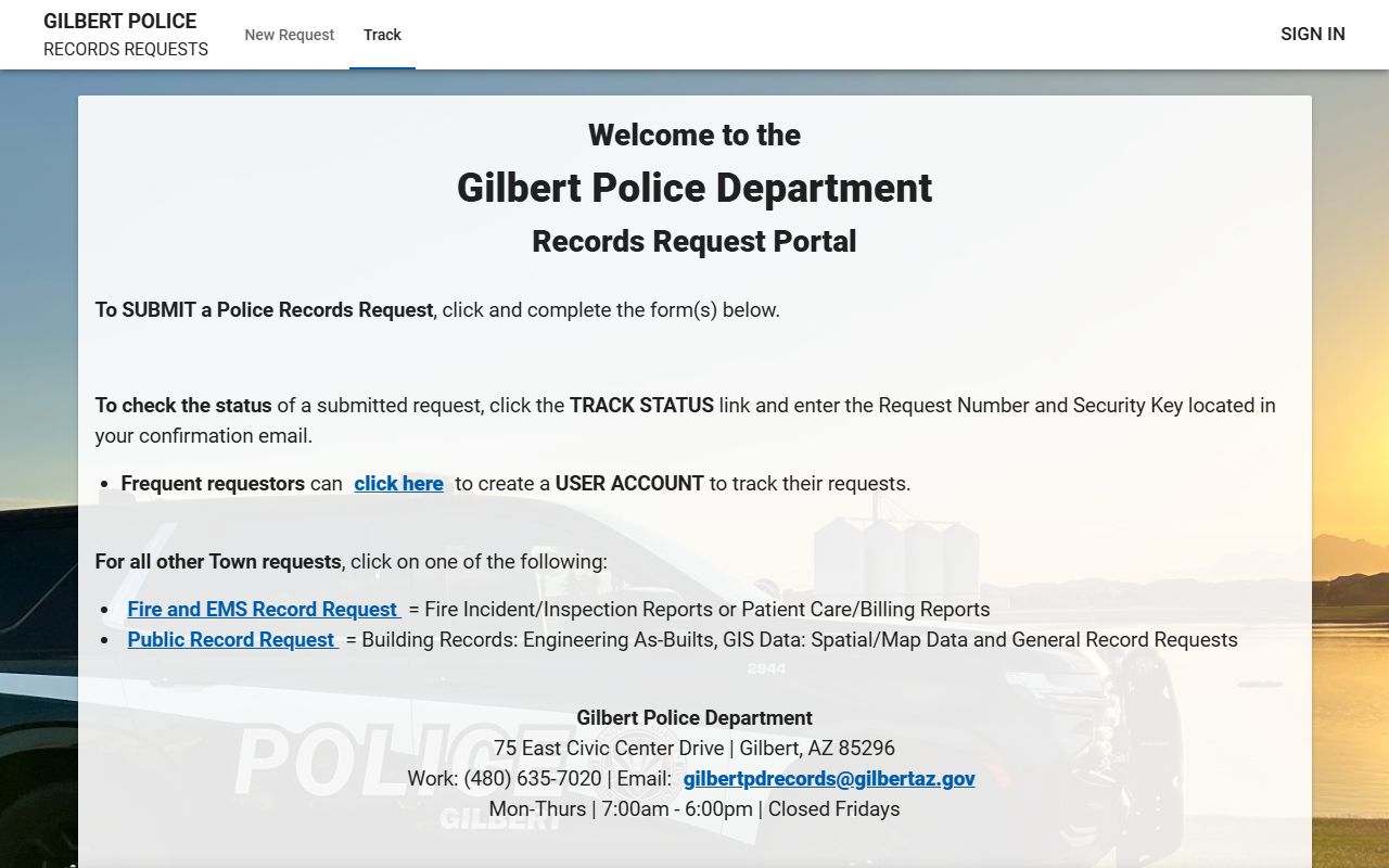 Gilbert Police Department JustFOIA records request portal
