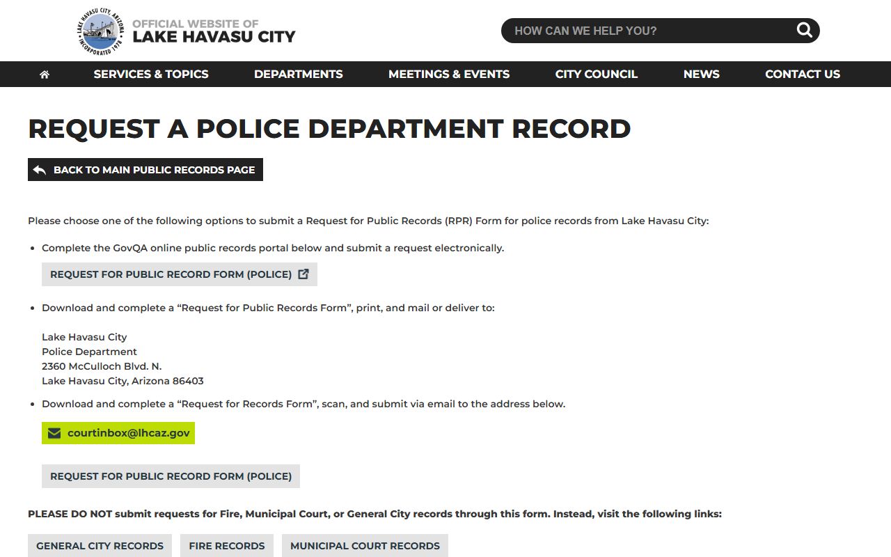 Lake Havasu City Police records information page