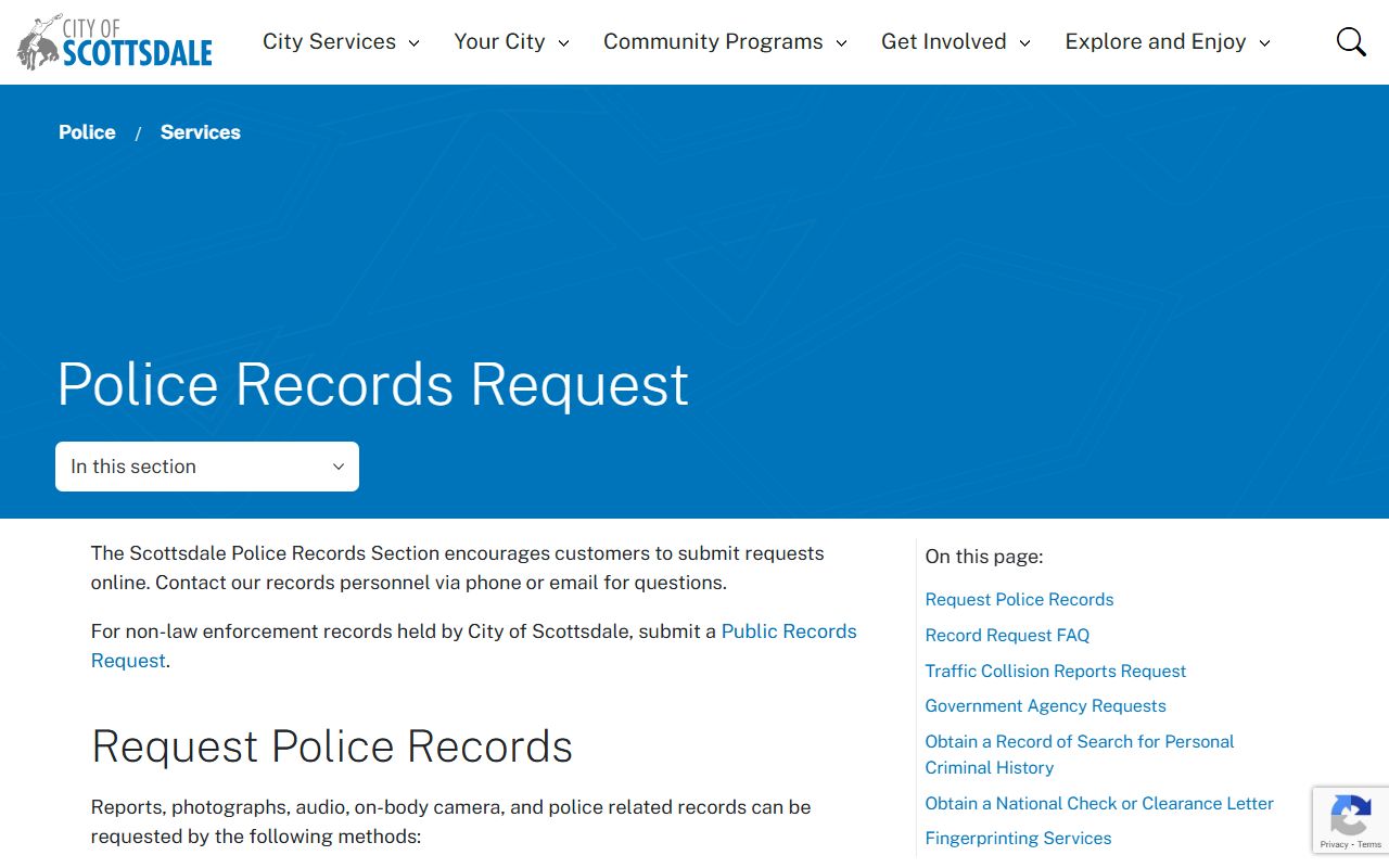 Scottsdale Police Department records request information page