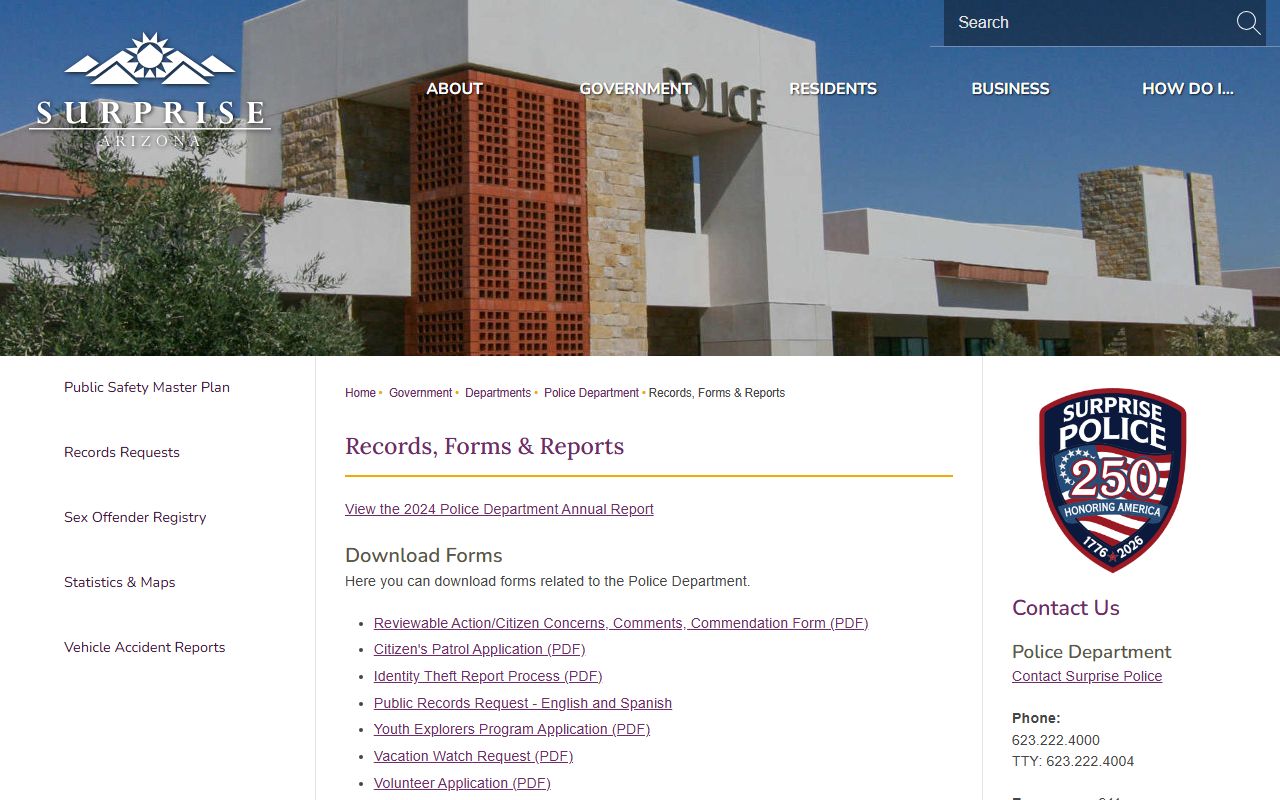 Surprise Police Department records and forms page