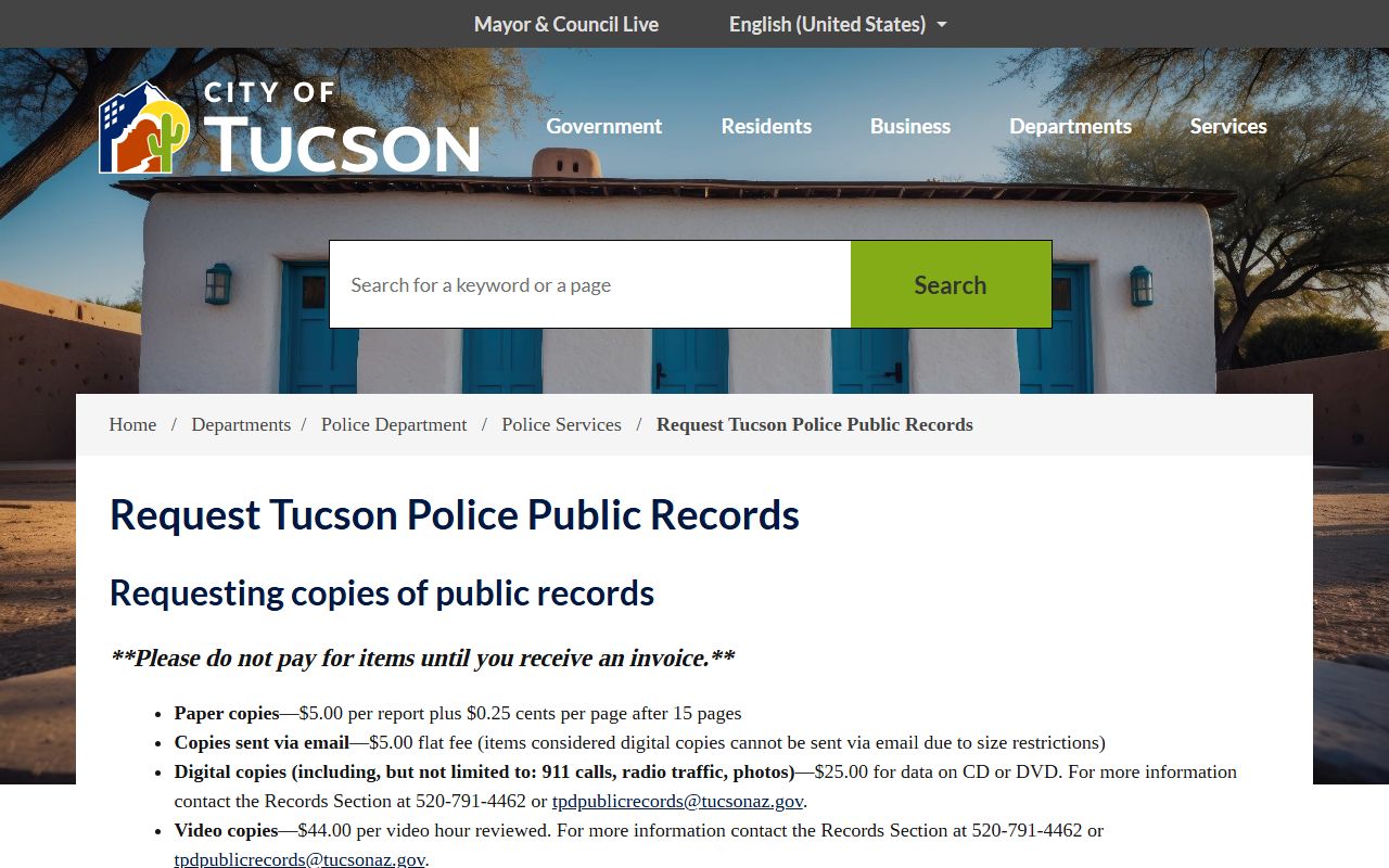 Tucson Police Department records request information page