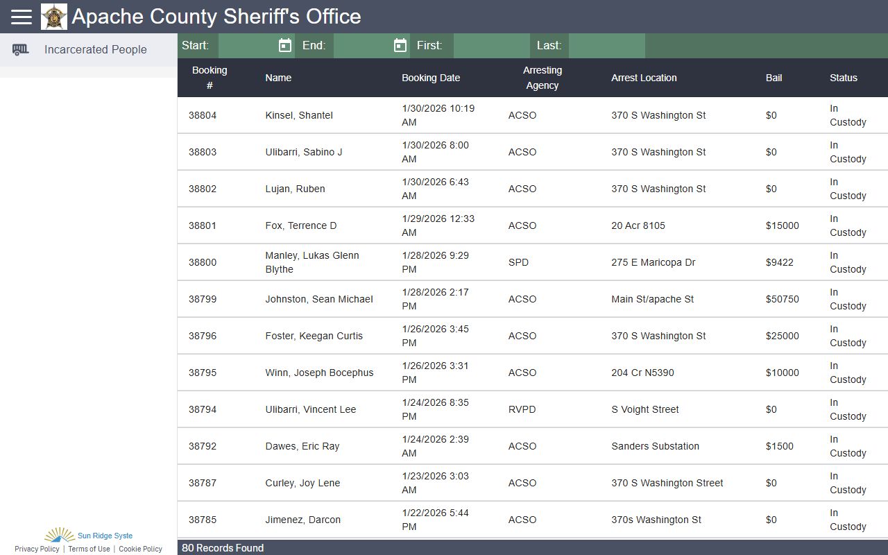 Apache County inmate lookup portal for arrest records