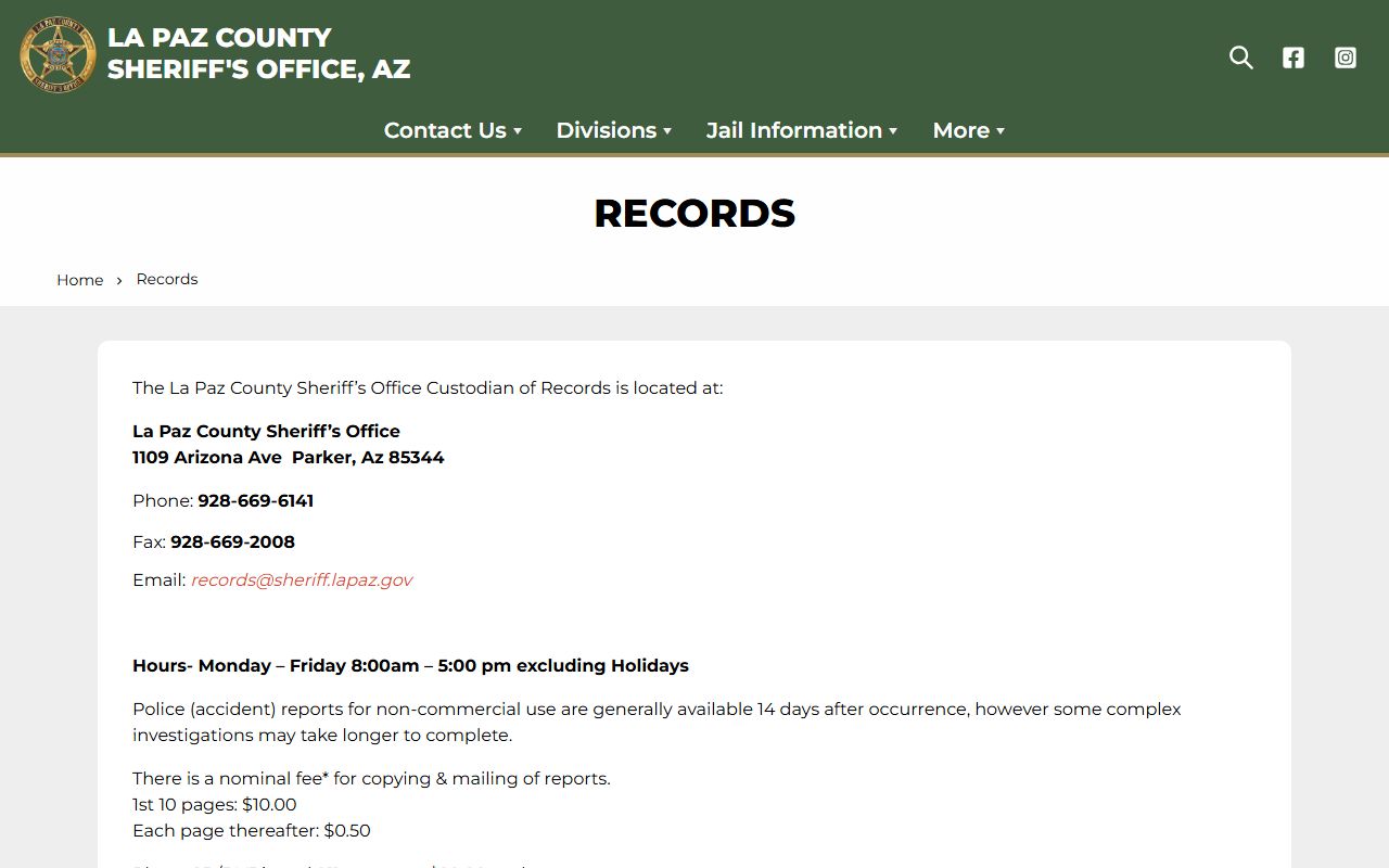 La Paz County Sheriff records division page