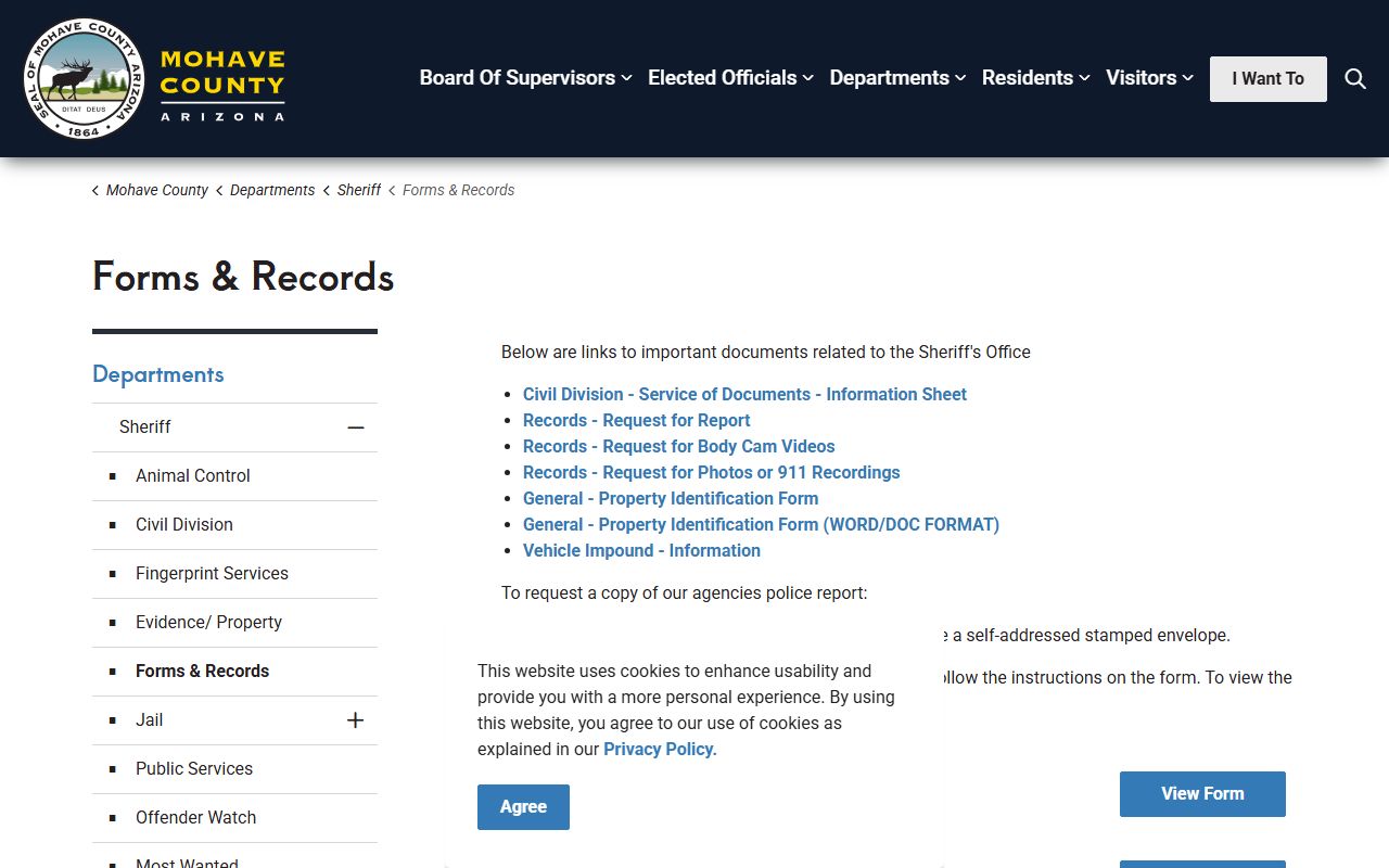 Mohave County Sheriff records and forms page