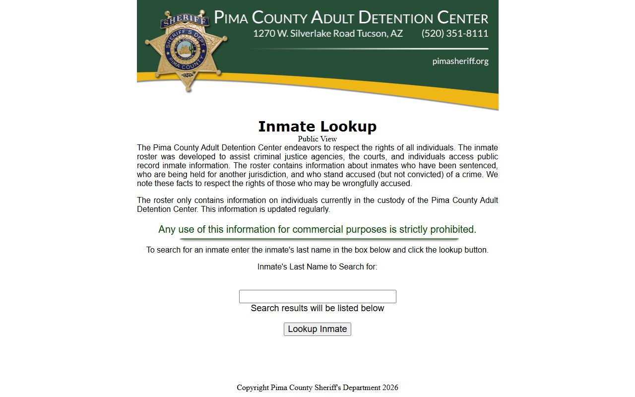 Pima County Sheriff inmate lookup portal for arrest records