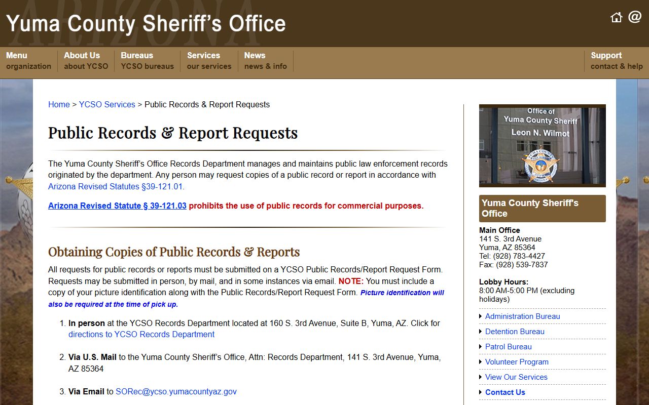 Yuma County Sheriff records and fees information