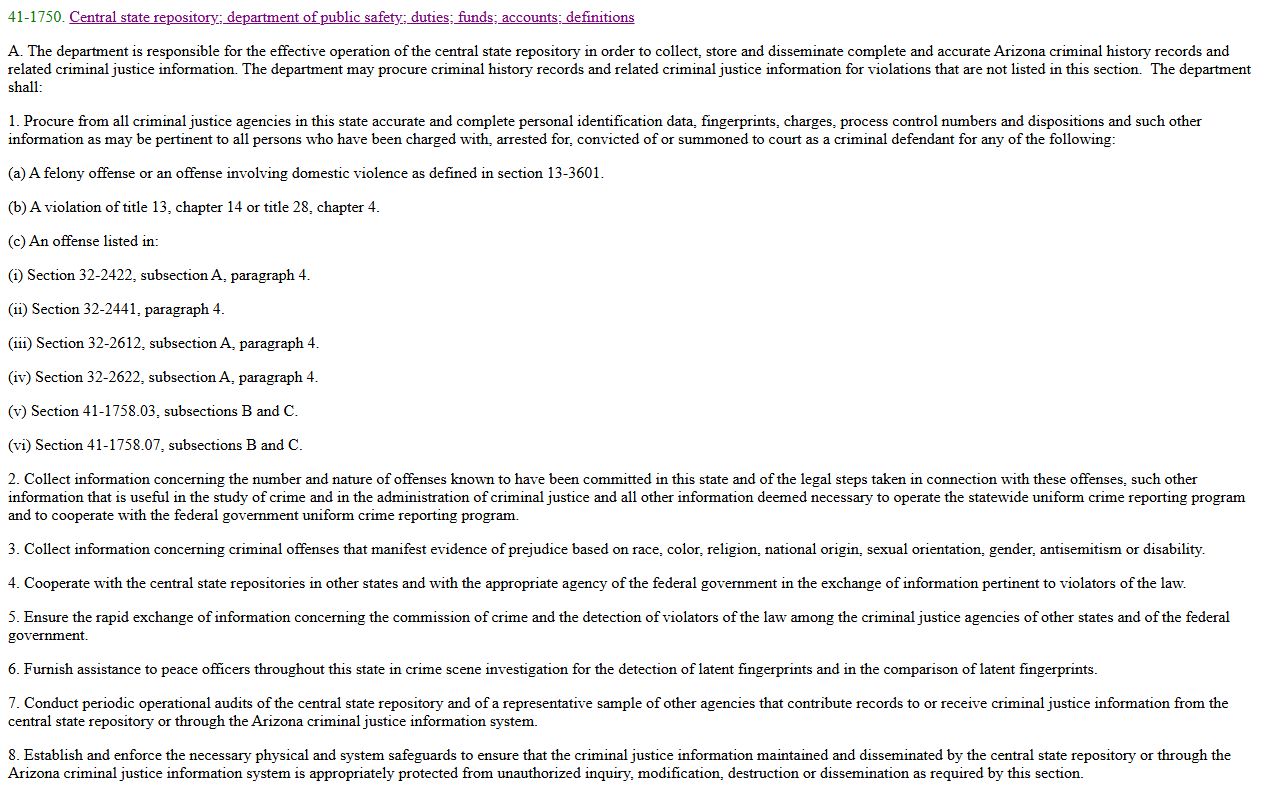 Arizona statute A.R.S. 41-1750 regarding central state repository