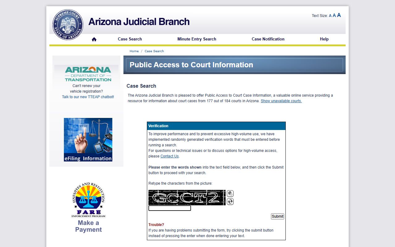 Arizona Courts public access case lookup system