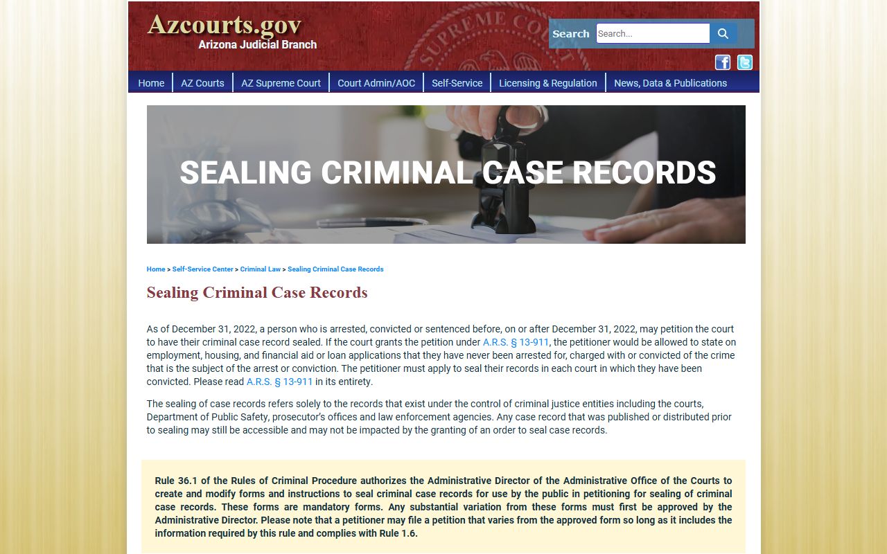 Arizona Courts information on sealing criminal records