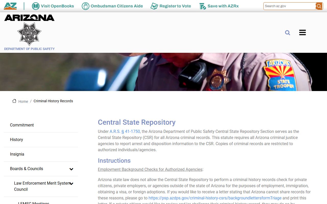 Arizona DPS Criminal History Records overview page